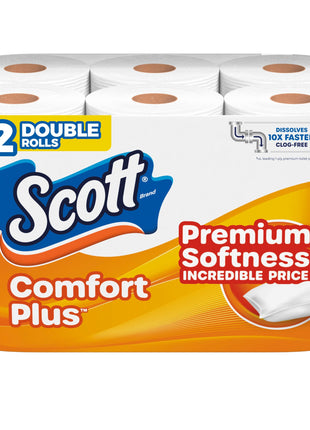 Scott ComfortPlus Toilet Paper, 12 Triple Rolls, 231 Sheets per Roll, Septic-Safe, 1-Ply Toilet Tissue