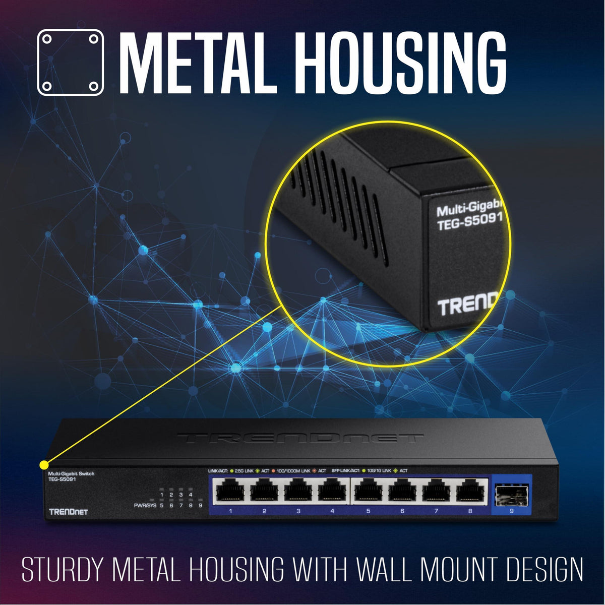 TRENDnet 9-Port Unmanaged 2.5G Switch with 10G SFP+ Port, TEG-S5091, 8 x 2.5GBASE-T Ports, 60Gbps, Wall Mountable, Ethernet Splitter, NDAA & TAA Compliant, Lifetime Protection, Black