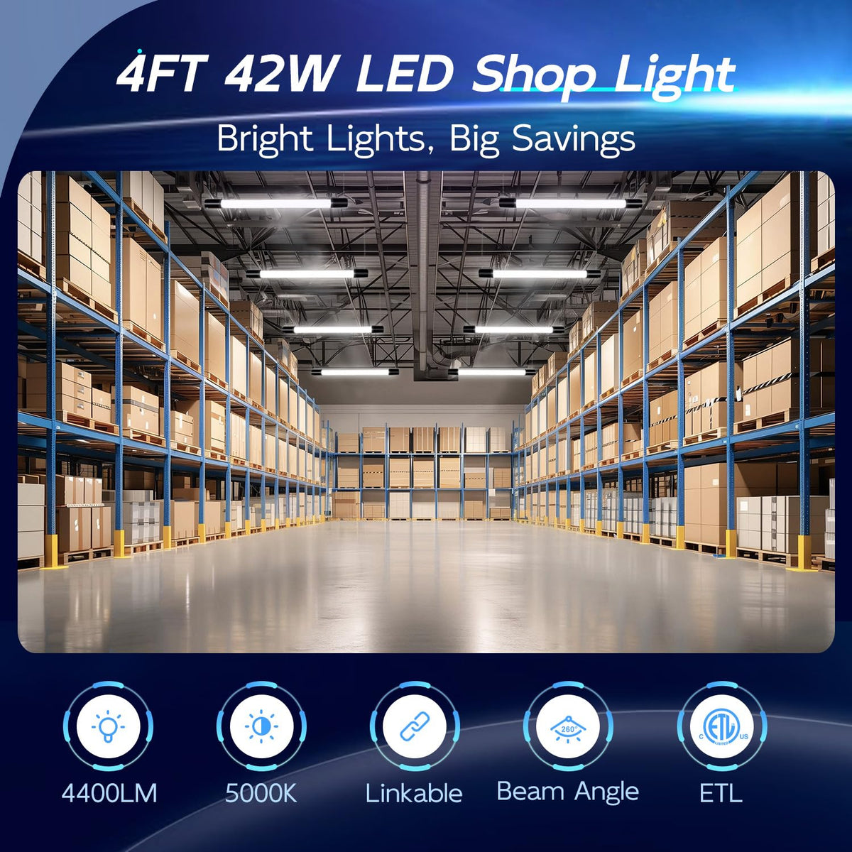 hykolity 2 Pack 4FT Linkable LED Shop Light for Garage, 4400lm, 4FT 42W, 5000K Daylight LED Workbench Light Fixture with Plug, Hanging or Surface Mount, Black - ETL
