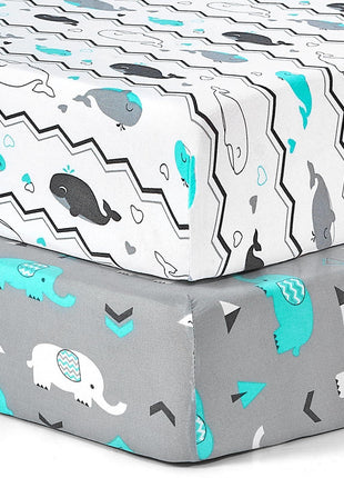 Pack n Play Sheets, BROLEX 2 Pack Mini Crib Sheets,Stretchy Portable Fitted Playard Sheet Set, Convertible Playard Mattress Cover,Ultra Soft Breathable Material,Elephant Whale