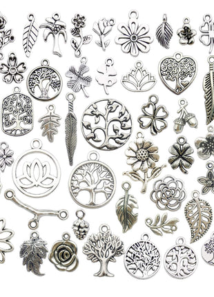 Youdiyla 100pcs Mix Silver Tree Flower Charms Collection, Bulk Mini Small Little Charms Metal Pendant Craft Supplies Findings for Necklace and Bracelet Jewelry Making (HM291)