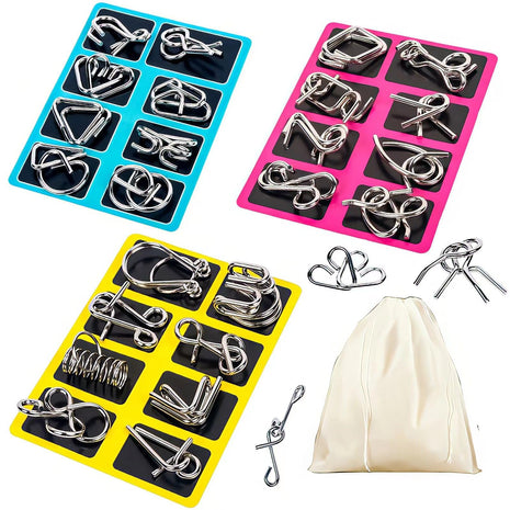 Metal Wire Puzzle Set of 24 with Pouch | Brain Teaser IQ Test Disentanglement Iron Link Unlock Interlock Game Party Favor Kids Adults Challen