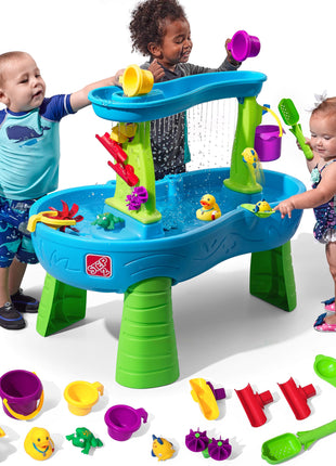 Step2 Rain Showers Splash Pond Toddler Water Table, Outdoor Kids Water Sensory Table, Ages 18+ Months, 13 Piece Water Toy Accessories, Blue & Green