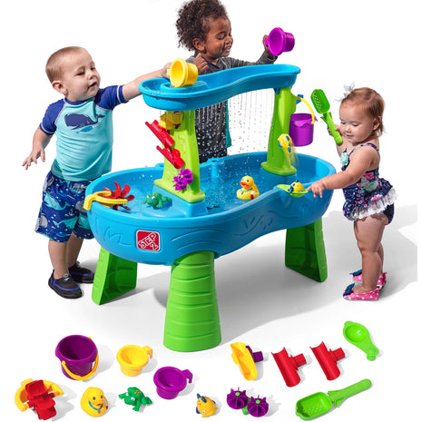 Step2 Rain Showers Splash Pond Toddler Water Table, Outdoor Kids Water Sensory Table, Ages 18+ Months, 13 Piece Water Toy Accessories, Blue & Green