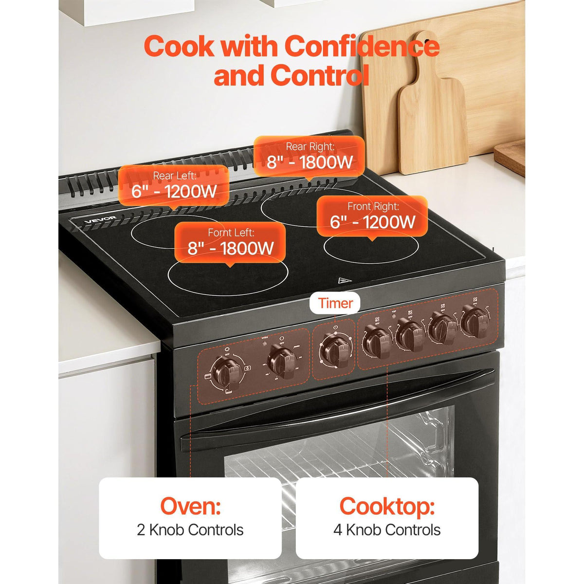 VEVOR 24 in Electric Range Oven, 2.7 Cu. Ft. Capacity Compact Freestanding Oven, Stainless Steel Kitchen Stove, with 4 Burners, Easy Reach Racks, Storage Drawer, Drip Pan, Indicator Light, Black