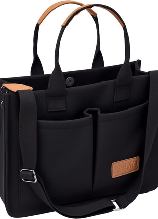 Tote Bag for Women With Compartments and Pockets,Black Large Canvas Tote Women's Purse Crossbody Bags Work Laptop Book Bag Top Handle Satchels Handbags Shoulder Bag for Travel Teacher Nurse Gym Beach
