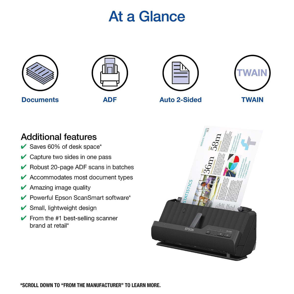 Epson Workforce ES-C220 Compact Desktop Document Scanner with 2-Sided Scanning and Auto Document Feeder (ADF) for PC and Mac