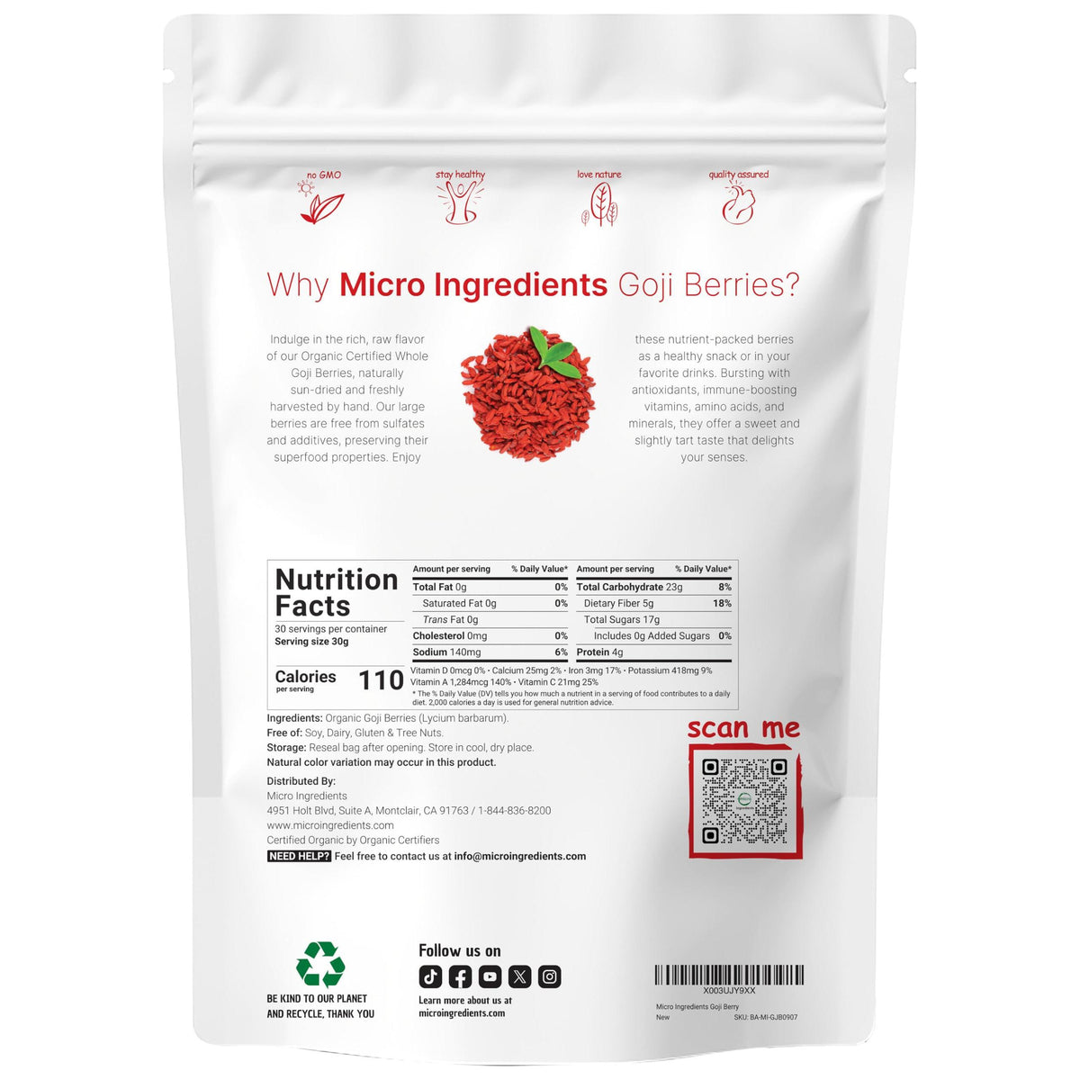 Organic Goji Berries, 32 Ounces | 100% Natural Sun-Dried Whole Fruit | Sulfate & Additive Free | Large Berry Form, Great Flavor for Drinks, Snacks, & Beverages | Non-GMO & Vegan