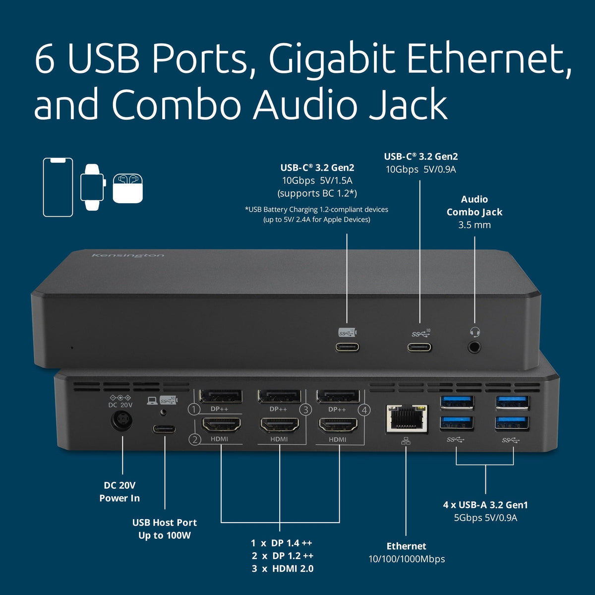 Kensington DisplayLink 4K Docking Station, Triple 4K for MacBook Pro/Air M1/M2/M3/M4, 14ports, 3xHDMI/3xDisplayPort,4xUSB A,2xUSB C 3.2, Ethernet, Audio, 100W PD (K33621NA)