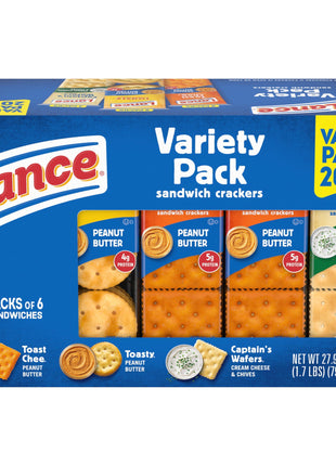 Lance Sandwich Crackers, Variety Pack, 3 Flavors, 20 Individually Wrapped Packs, 6 Sandwiches Each