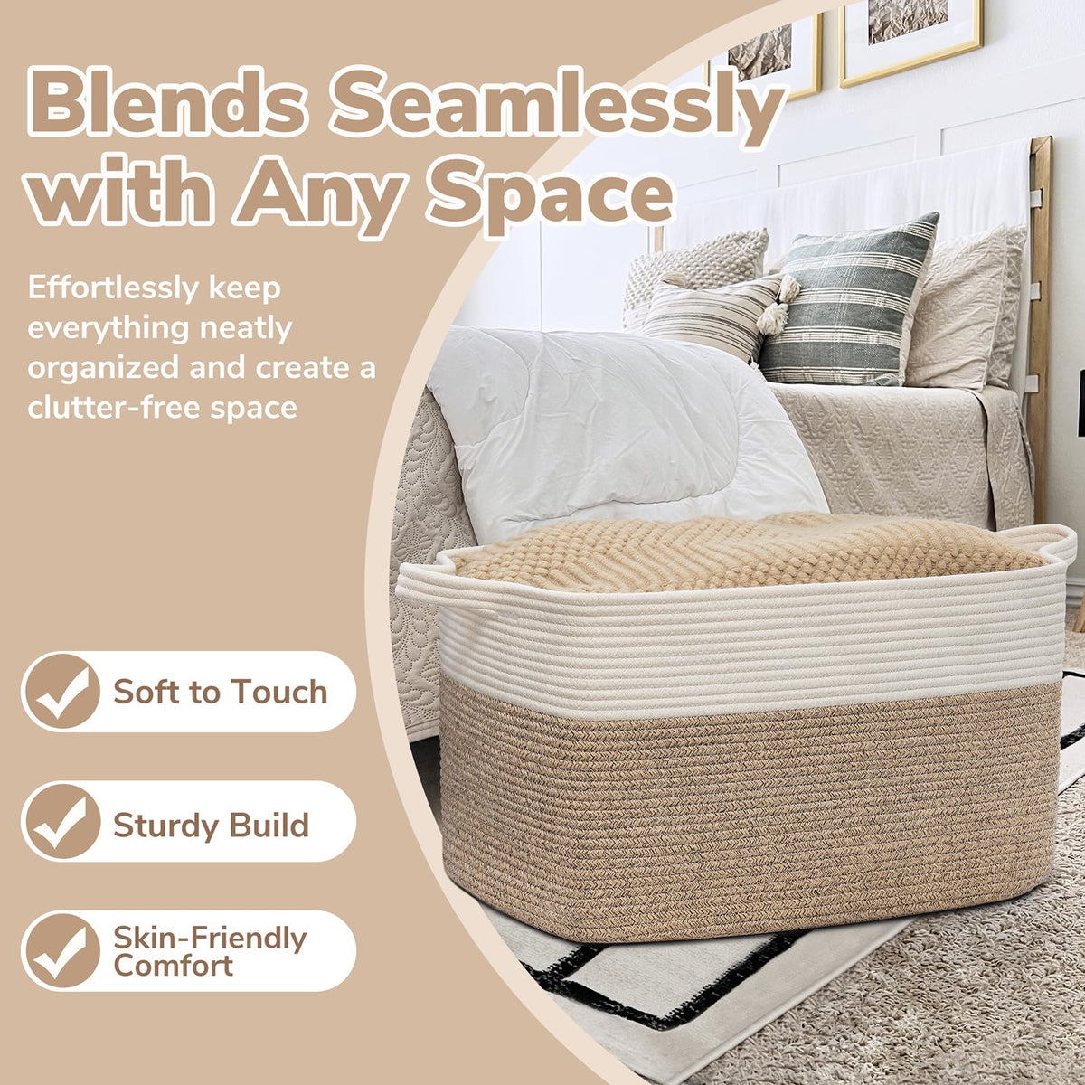 Goodpick Large Woven Blanket Basket, 21.6" x 14.9" x 11.8" Storage Baskets for Organizing, Rectangle Cotton Rope Toy Basket for Living Room, Bedroom, White & Brown