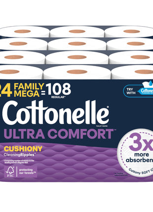 Cottonelle Ultra Soft Toilet Paper, 24 Family Mega Rolls=108 Regular Rolls