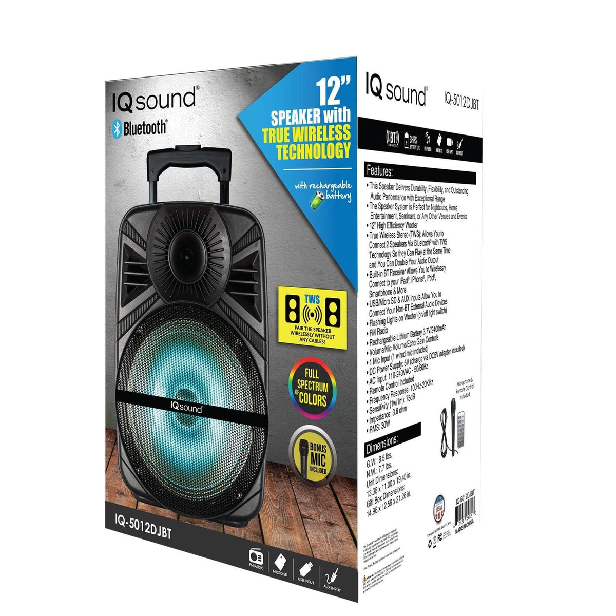 IQ Sound IQ-5012DJBT 12-inch Portable Bluetooth Speaker with True Wireless Technology, 12" High Efficiency Woofer, BT Receiver, FM Radio, RMS: 30 W, Flashing Lights, USB/Micro SD /AUX/Mic Inputs