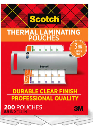 Scotch Thermal Laminating Pouches, 200 Count, Clear, 3 mil., Ideal Office or School Supplies, Fits Letter Sized Paper (8.9 in. × 11.4 in.)