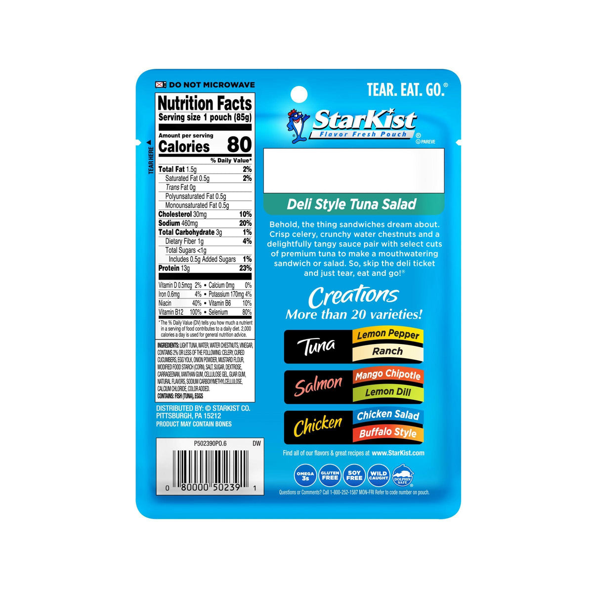 StarKist Tuna Creations Deli Style Tuna Salad, 3 oz Pouch (1 Pack) Ready to Eat Wild Caught Tuna, 13g Protein, 80 Calories Per Serving, Gluten Free, Soy Free, Kosher, Perfect for Meals and Snacks