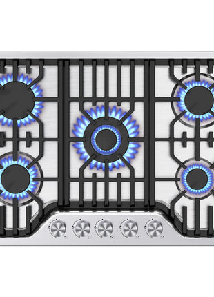30 Inch Gas Cooktop, 5 Burner Dual Fuel Built-in Stove Top, Stainless Steel Propane/Natural Gas Cooktop with Thermocouple Protection, NG/LPG Convertible for Safe & Efficient Cooking