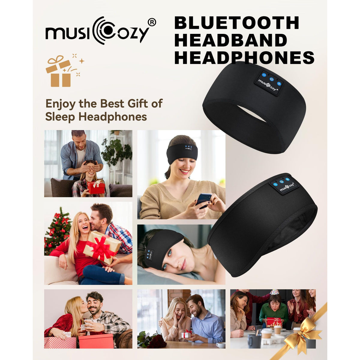 MUSICOZY Sleep Headphones Bluetooth 5.4 Headband, Sports Wireless Earphones Sweat Resistant Earbuds Sleeping Headphone with Ultra-Thin HD Stereo Speaker for Workout Running Cool Gadgets Unique Gifts