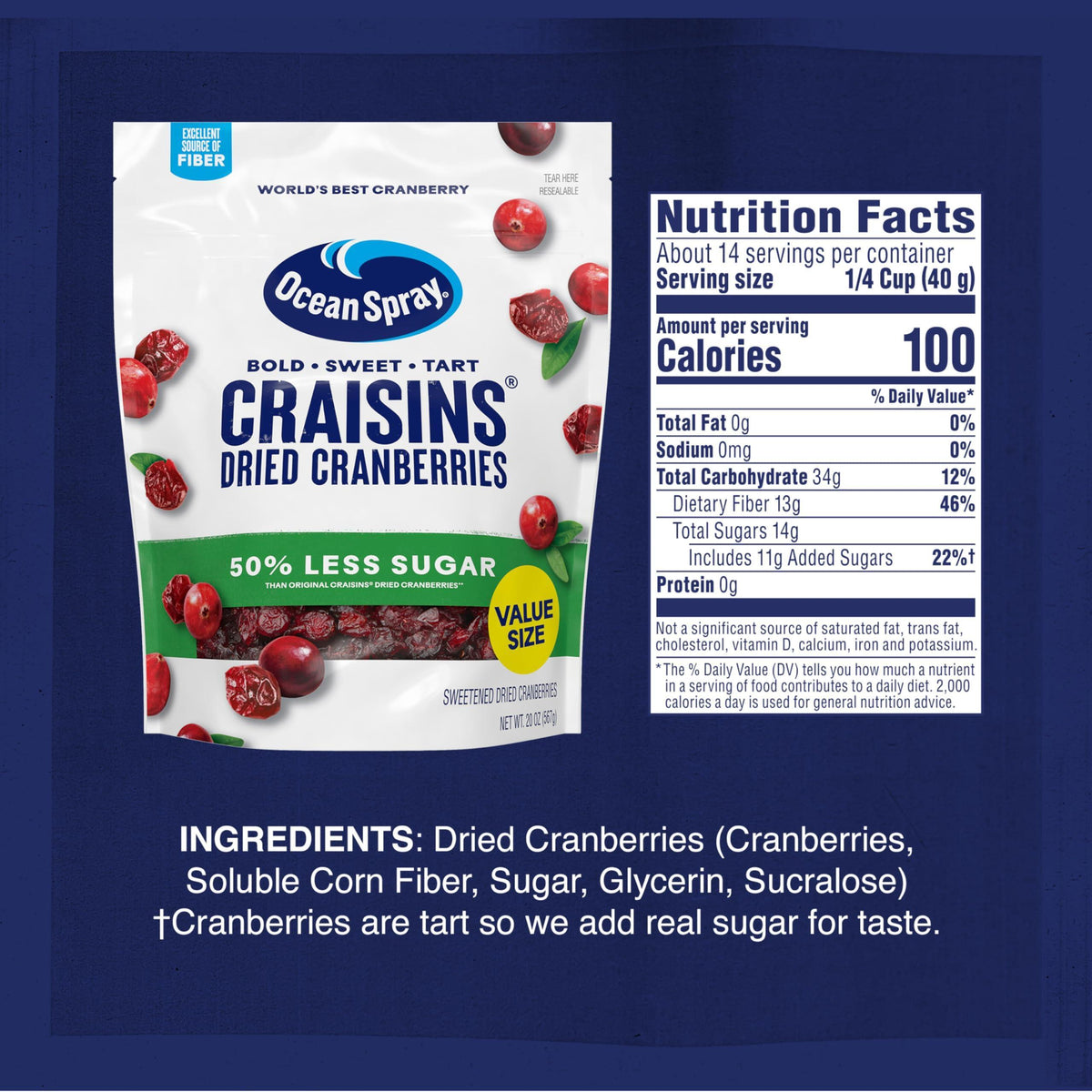 Ocean Spray Craisins Dried Cranberries, Reduced Sugar, 20 Ounce