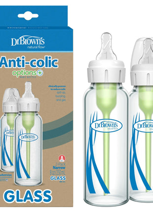 Dr. Brown's Natural Flow Anti-Colic Options+ Narrow Glass Baby Bottle 8 oz/250 mL, with Level 1 Slow Flow Nipple, 2 Pack, 0m+