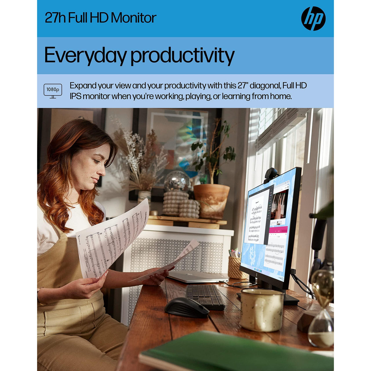 HP 27h Full HD Monitor - Diagonal - IPS Panel & 75Hz Refresh Rate - Smooth Screen - 3-Sided Micro-Edge Bezel - 100mm Height/Tilt Adjust - Built-in Dual Speakers - for Hybrid Workers,Black