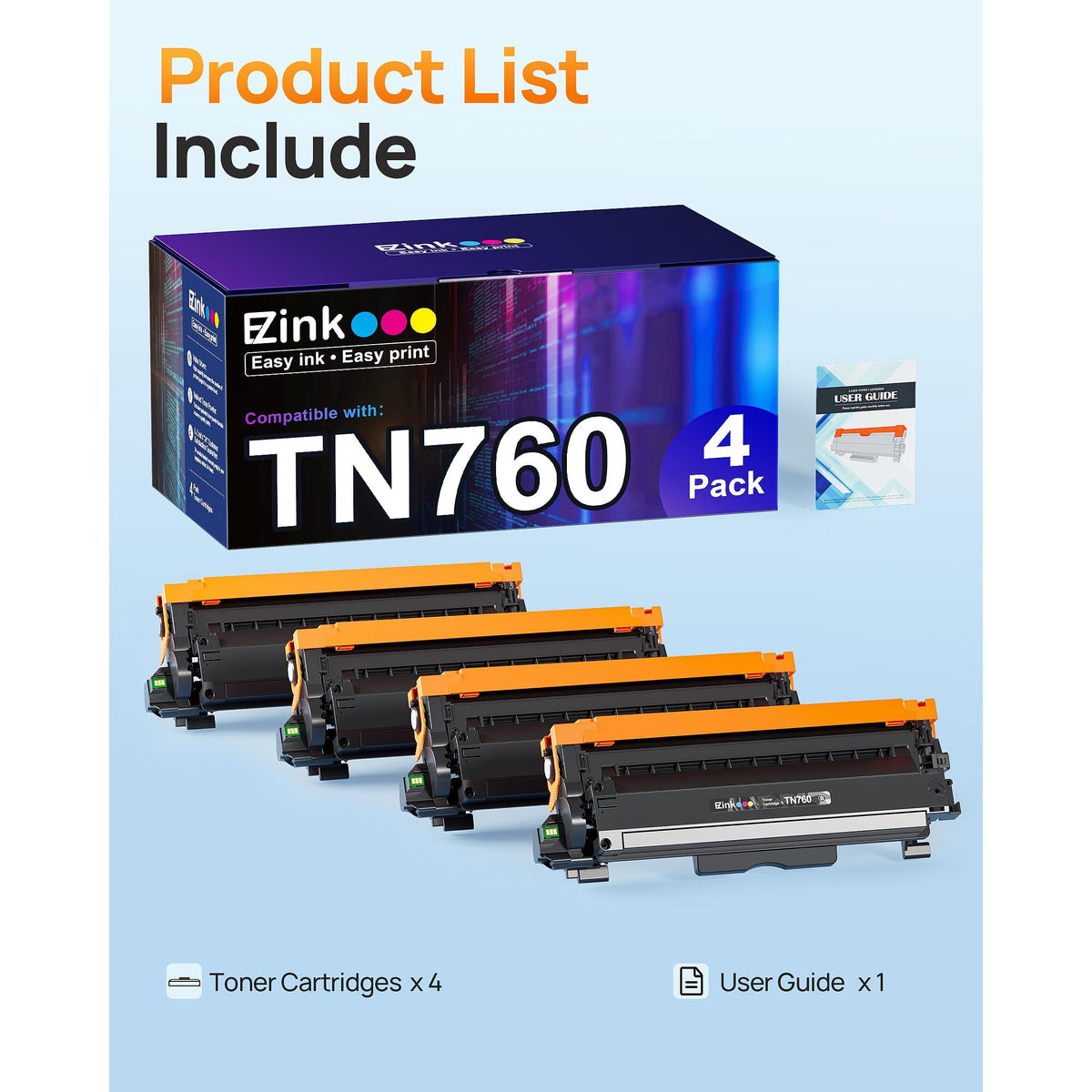 E-Z Ink Compatible TN760 Toner Cartridges Replacement for Brother TN-760 TN730 TN-730 to Use with HL-L2350DW HL-L2395DW HL-L2390DW HL-L2370DW MFC-L2750DW MFC-L2710DW DCP-L2550DW (Black, 4 Pack)