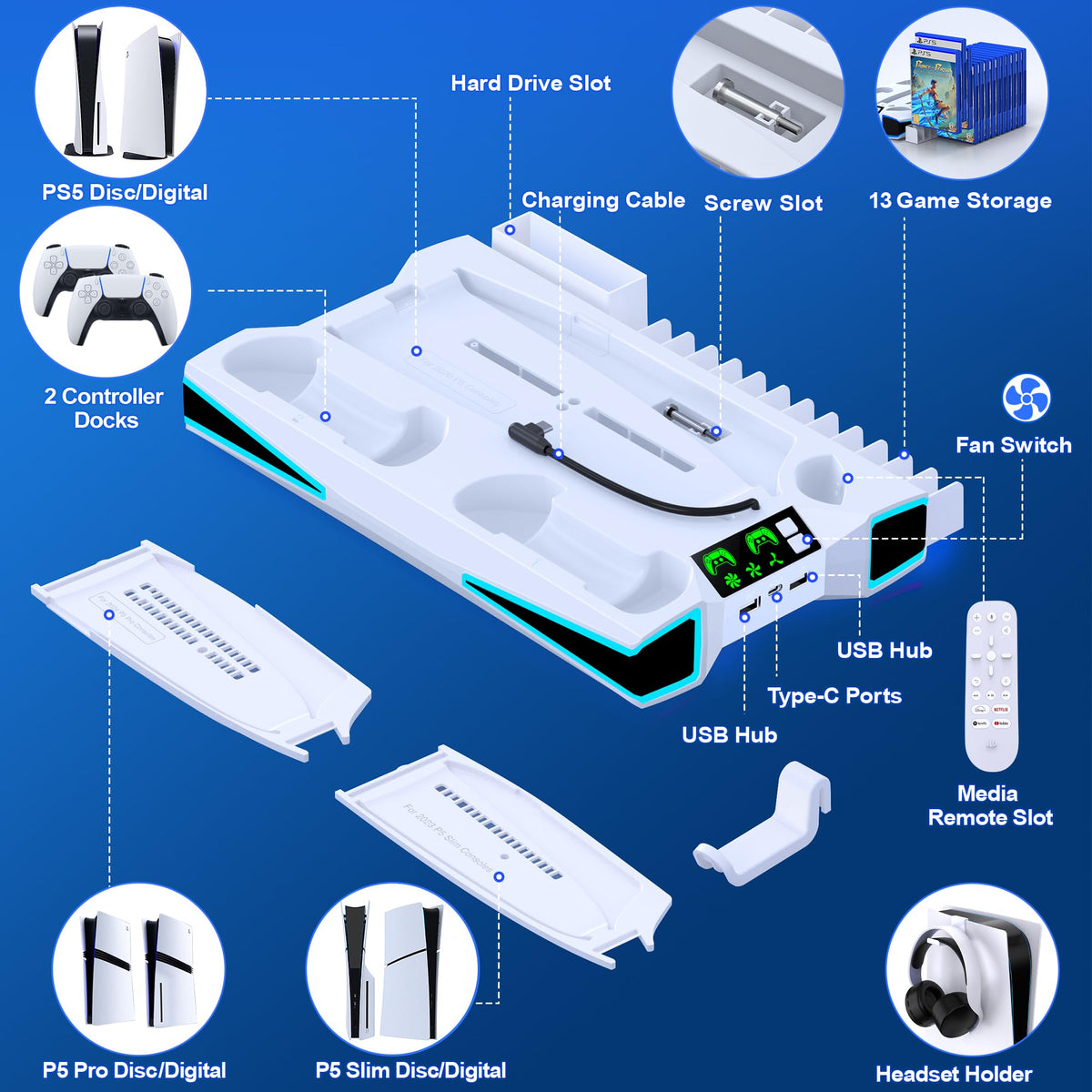 LIFUFUTEE PS5 Stand, PS5/Slim/Pro Cooling Station with 2.36in Cooling Fan, Controller Charger Station for PS5 Accessories, Light, Headset Holder, 3 Charger Ports for PlayStation 5 Slim/Pro Console