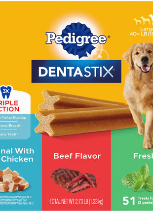 Pedigree Dentastix Large Breed Dog Dental Treats, Variety, 51 Count | Original, Beef & Fresh Flavors, triple action dental care, reduces tartar, cleans teeth, freshens breath, for dogs 40+ lbs