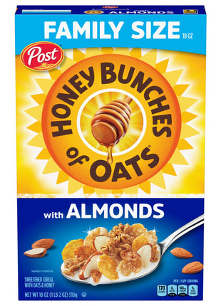 Honey Bunches of Oats with Almonds Breakfast Cereal, Honey Cereal with Granola Clusters and Sliced Almonds, Family Size, 18 OZ Box