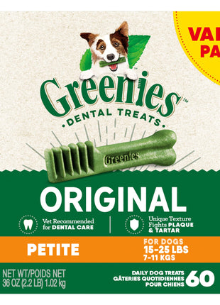 Greenies Veterinarian-Recommended Adult Natural Dental Dog Treats Petite Size, Dog Dental Chews, Original Flavor, 36 oz. Pack, 60 Count