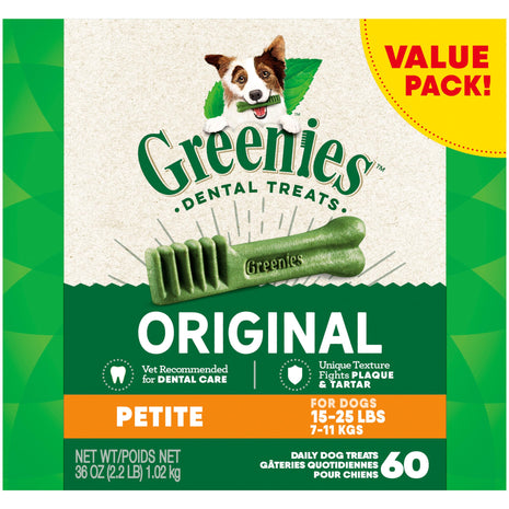 Greenies Veterinarian-Recommended Adult Natural Dental Dog Treats Petite Size, Dog Dental Chews, Original Flavor, 36 oz. Pack, 60 Count