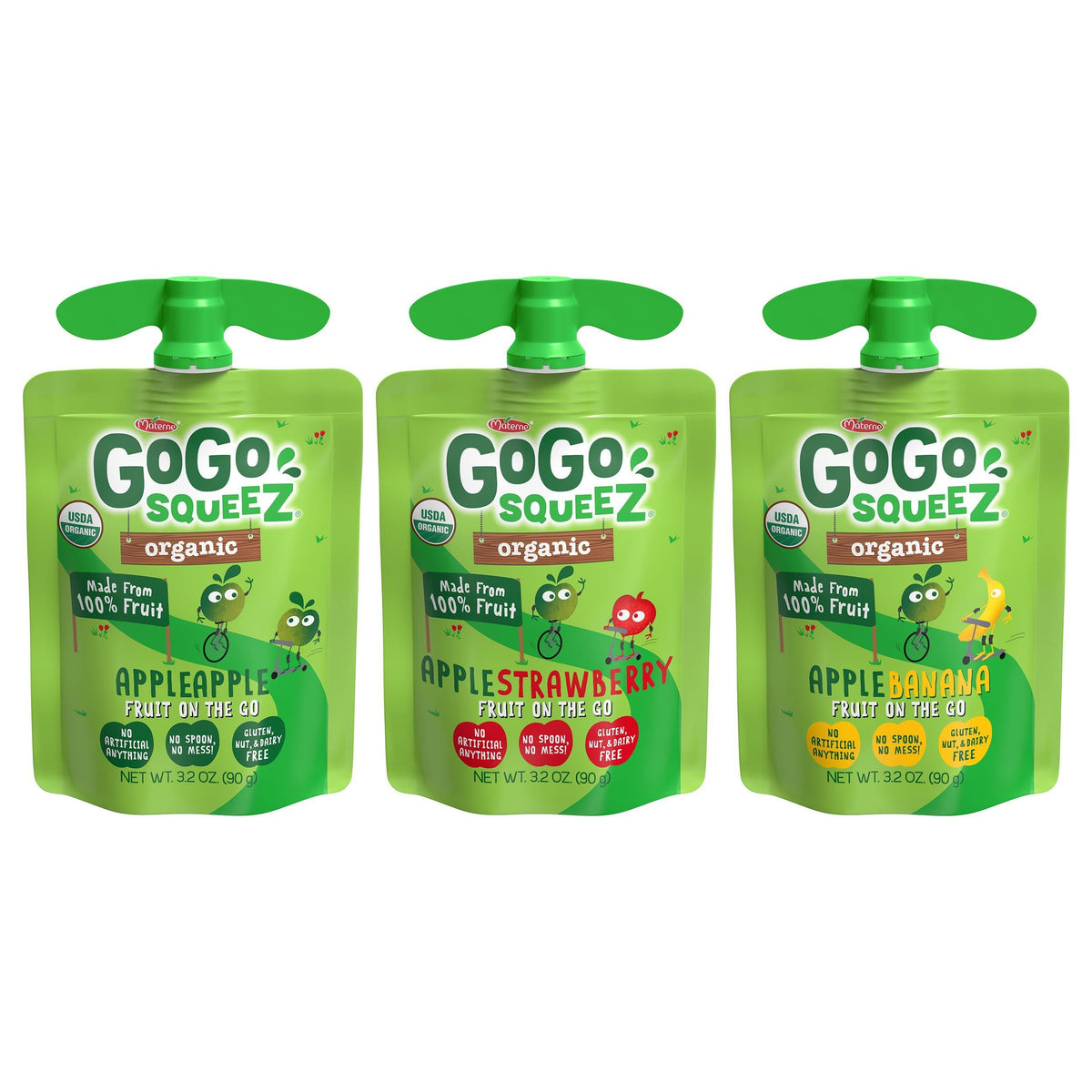 GoGo squeeZ Organic Applesauce and Fruit Puree, Variety Pack, Apple, Strawberry & Banana, 3.2 oz (Pack of 12), Unsweetened Organic Fruit Snacks for Kids, No Gluten, Nut & Dairy, BPA Free Pouches