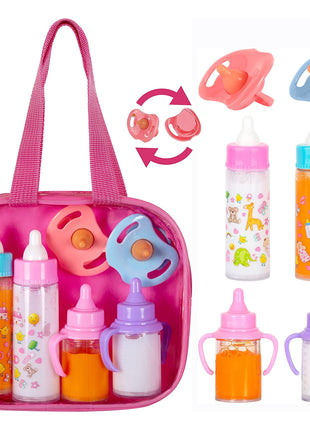 fash n kolor® My Sweet Baby Disappearing Doll Feeding Set, Baby Care 6 Piece Doll Feeding Set - for Toy Stroller | 2 Milk & Juice Bottles with 2 Toy Pacifier for Baby Dolls Set - Kids Gift Set