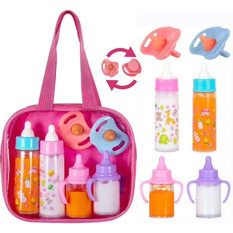 fash n kolor® My Sweet Baby Disappearing Doll Feeding Set, Baby Care 6 Piece Doll Feeding Set - for Toy Stroller | 2 Milk & Juice Bottles with 2 Toy Pacifier for Baby Dolls Set - Kids Gift Set