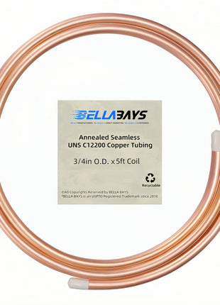 BELLA BAYS Copper Tubing 3/4" OD x 0.687" x 5 ft, 99.9% C12200 ASTM B280 Refrigeration ACR Tubing Seamless Soft Coil Round T2 Pure Copper Tube for HVAC System, Refrigerator, Industry, DIY