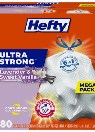 Hefty Ultra Strong 13 Gal Kitchen Trash Bags, White, Lavender Vanilla, 80ct | 13G Tall White Trash Bags with Drawstrings for Kitchen and Home Use, Resists Leaks, Punctures, Rips, Continuous Odor Control