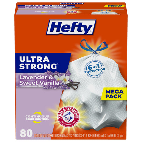 Hefty Ultra Strong 13 Gal Kitchen Trash Bags, White, Lavender Vanilla, 80ct | 13G Tall White Trash Bags with Drawstrings for Kitchen and Home Use, Resists Leaks, Punctures, Rips, Continuous Odor Control