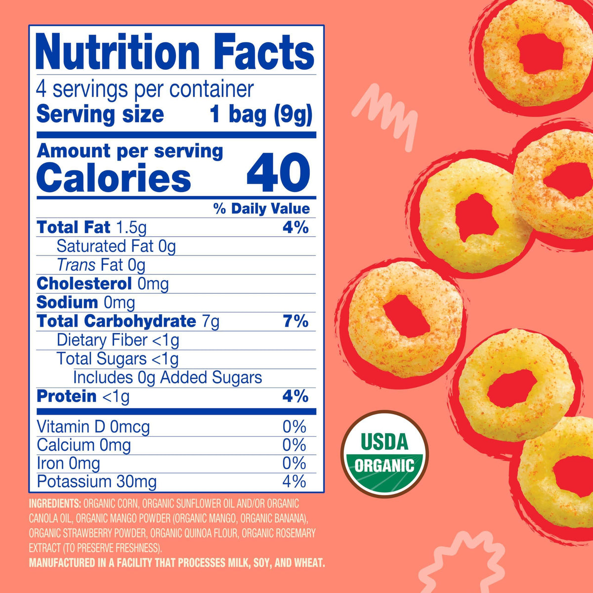 Earth's Best Organic Melty Hoops, Bite-Sized Snacks for Babies 8 Months and Up, Strawberry and Mango, 0.32 Ounce Individual Bags (Pack of 4)