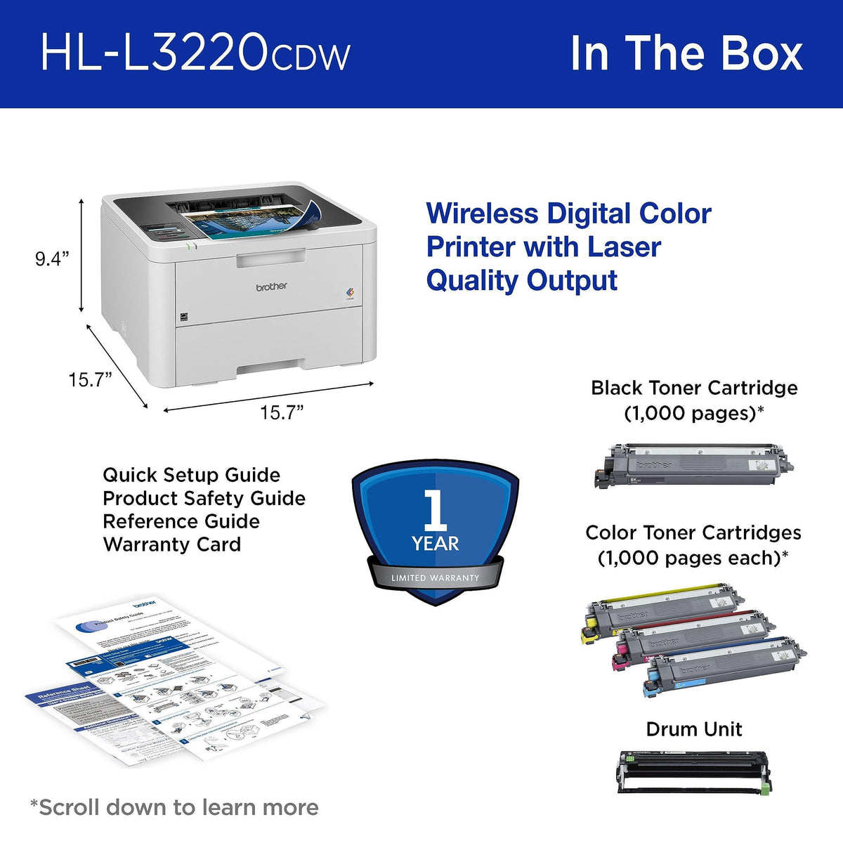 Brother Color Laser Printer with Wireless Printing Fast 19 PPM Output, Duplex Feature, Mobile Device Compatible, 250-Sheet Paper Tray for Professional Home Office Printing (HL-L3220CDW)
