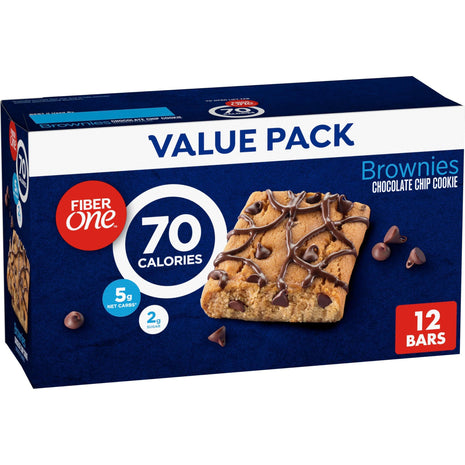 Fiber One 70 Calorie Chocolate Chip Cookie Brownies, 12 ct, 10.6 oz | 27% Daily Value of Fiber per Bar, 5g Net Carbs, Chocolatey Chips & Drizzle, Ideal Desk Drawer or Lunchbox Snack, 10.6 oz