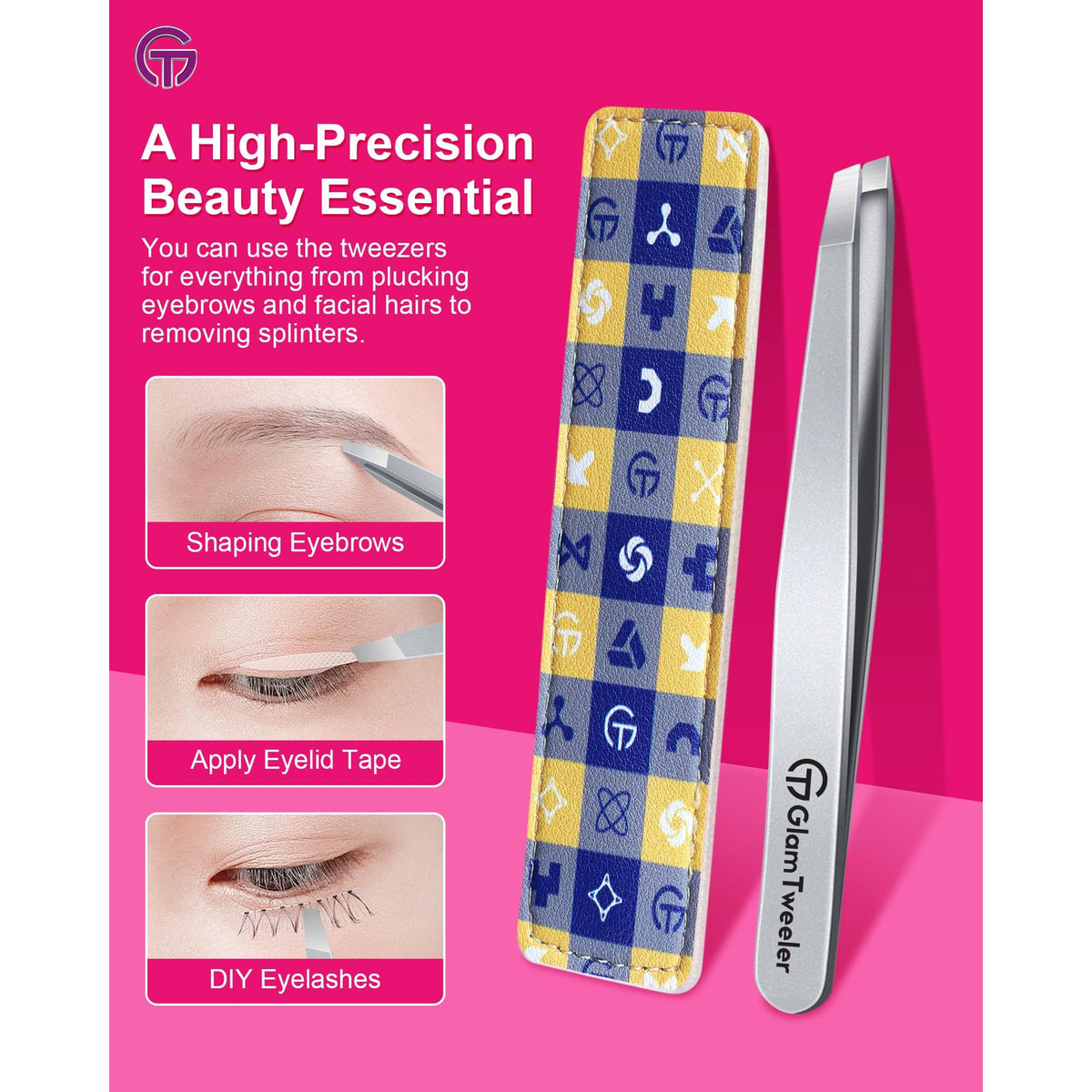 Expert Slant Tip Tweezers with Leather Case, GlamTweeler Sharp & Precision Stainless Steel Tweezer for Eyebrows, Facial Hair and Fine Hairs Removal (Silver)
