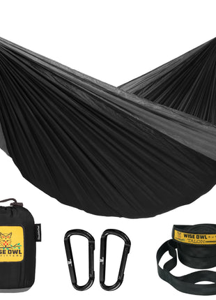 Wise Owl Outfitters Hammock for Camping Single Hammocks Gear for The Outdoors Backpacking Survival or Travel - Portable Lightweight Parachute Nylon SO Black & Grey