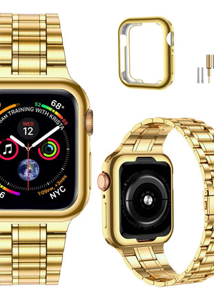MioHHR Solid Stainless Steel Band Compatible with Apple Watch 38mm(Series 3/2/1) 40mm(Series SE/6/5/4) 41mm(Series 9/8/7) Metal Strap with Soft TPU Case for iWatch Bands for Women and Men, Gold