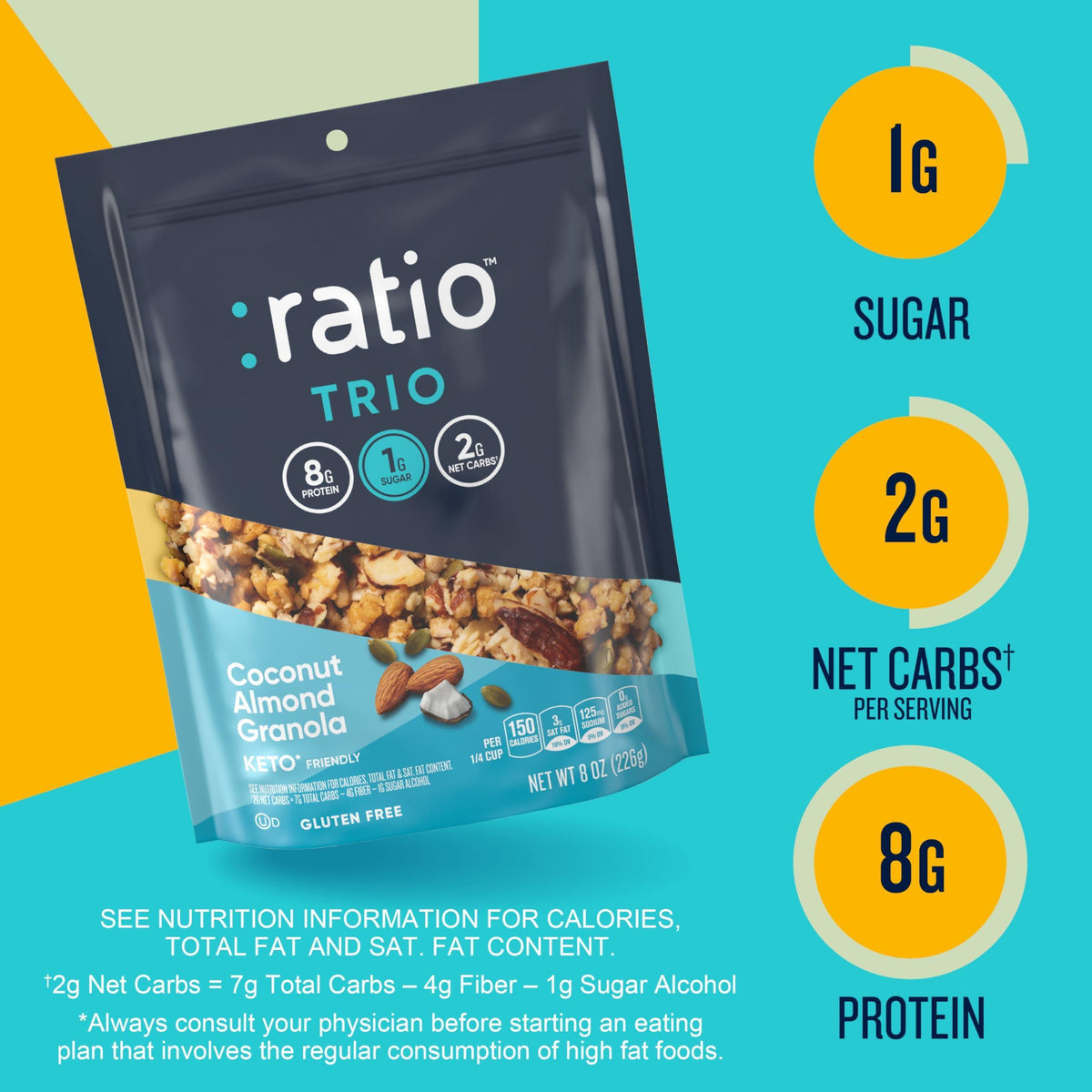Ratio Trio Coconut Almond Granola Cereal, 1g Sugar, Keto Friendly, 8 oz Resealable Bag