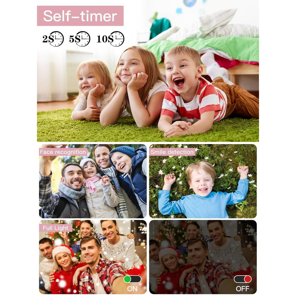Upgrade Digital Camera, 56MP FHD 1080P Camera for Kids with 16x Zoom Anti Shake, Kid Camera with 32GB TF Card, Two Batteries, Lanyard, Compact Small for Kids Boys Girls（Pink）