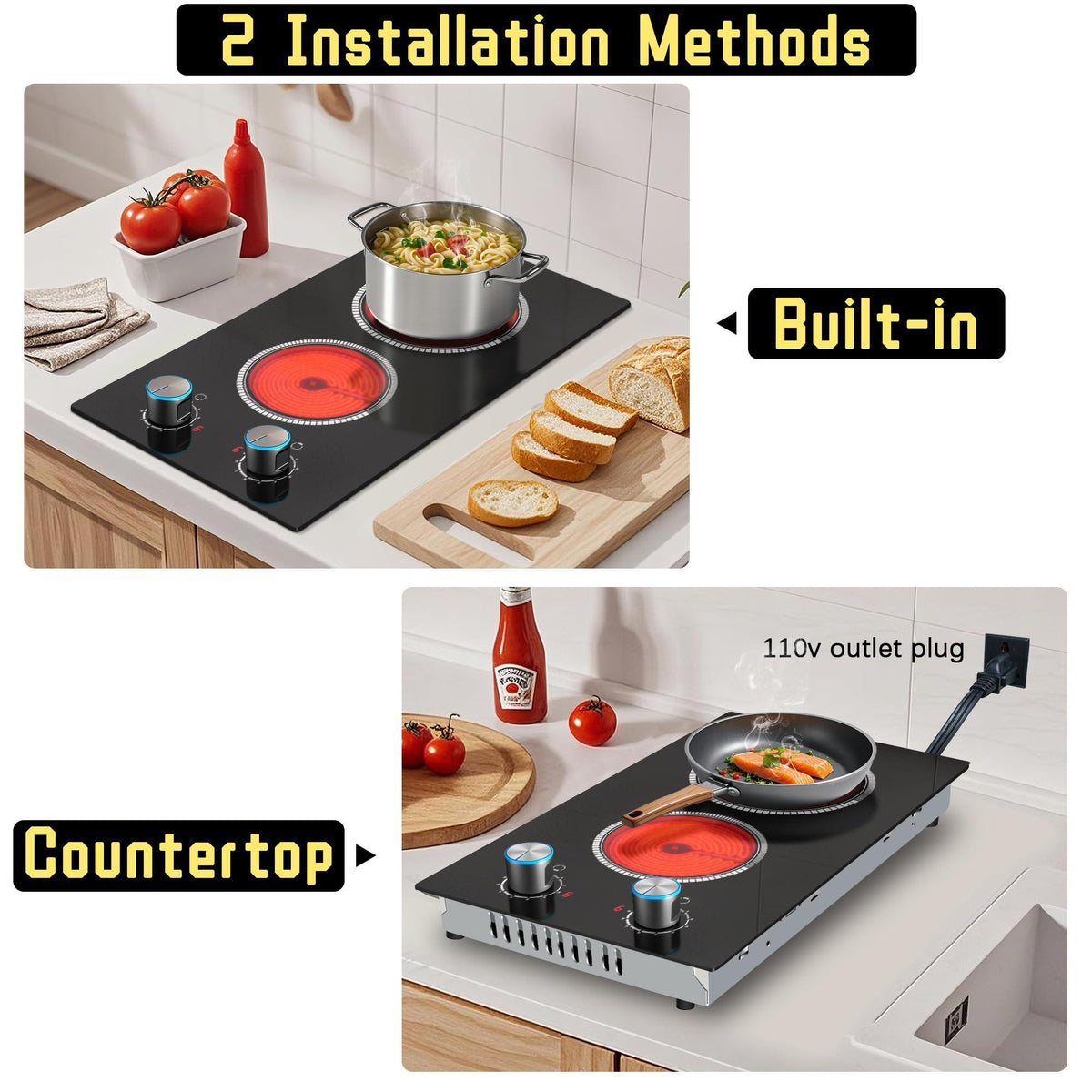 2 Burner Electric Cooktop, 12 Inch Electric Stove Top, 120V Stove Top Burner Knob Control, 2000W Countertop Stove with Timer, 9 Heating Levels, Overheat Protection, High-Temp Alarm Pladeca