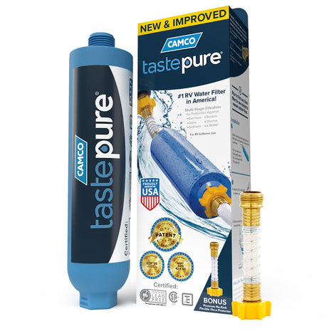 Camco Tastepure RV Water Filter - Advanced RV Inline Water Filter with Flexible Hose Protector - GAC & KDF Filtration - Made in USA - Camping Essentials for Fresh Drinking Water (40043)