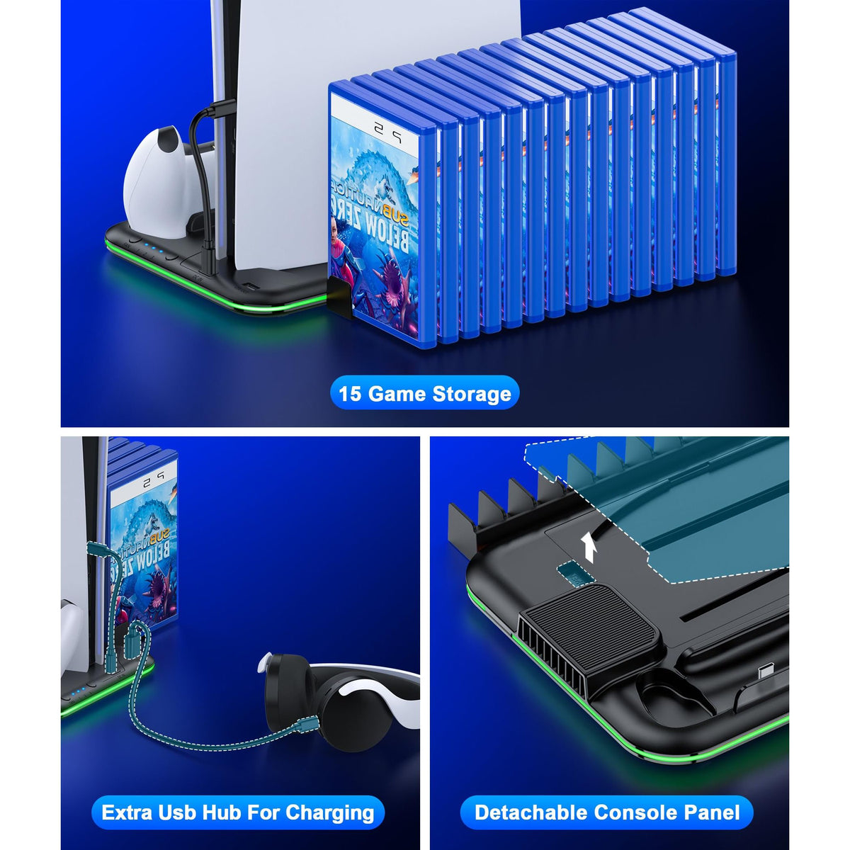 PS5/PS5 Slim Stand and Cooling Station with Controller Charging Station for Playsation 5, PS5 Accessories Kit Incl. 3 Levels Cooling Fan, LED, 15 Game Slot, Headset Holder for PS5 Digital/Disc Console