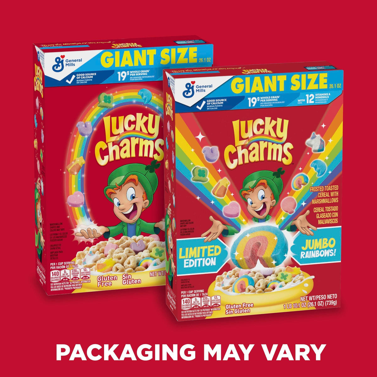 Lucky Charms Gluten Free Cereal with Marshmallows, Limited Edition Jumbo Rainbows, Kids Breakfast Cereal, Made with Whole Grain, Giant Size, 26.1 oz