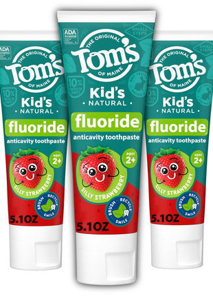 Tom's of Maine ADA Approved Fluoride Kids Toothpaste, Natural Toothpaste, Dye Free, No Artificial Preservatives, Silly Strawberry, 5.1 oz. 3 Pack (Packaging May Vary)