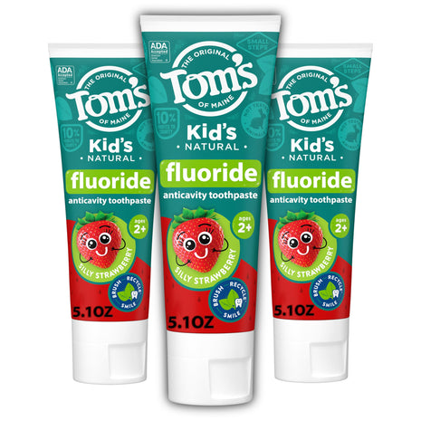 Tom's of Maine ADA Approved Fluoride Kids Toothpaste, Natural Toothpaste, Dye Free, No Artificial Preservatives, Silly Strawberry, 5.1 oz. 3 Pack (Packaging May Vary)
